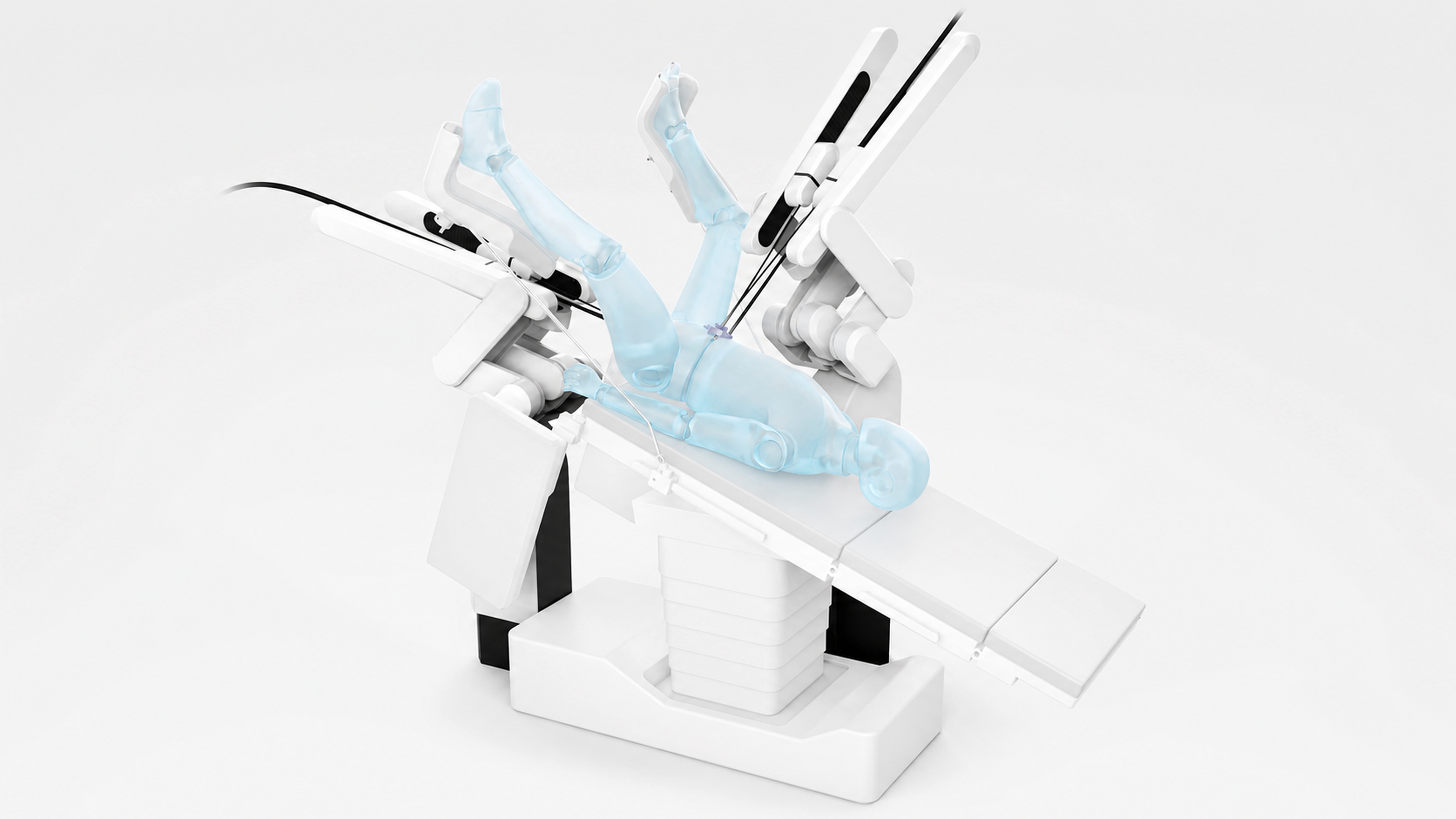 Concept rendering of the Aevum surgical robotics system positioned beside an operating table