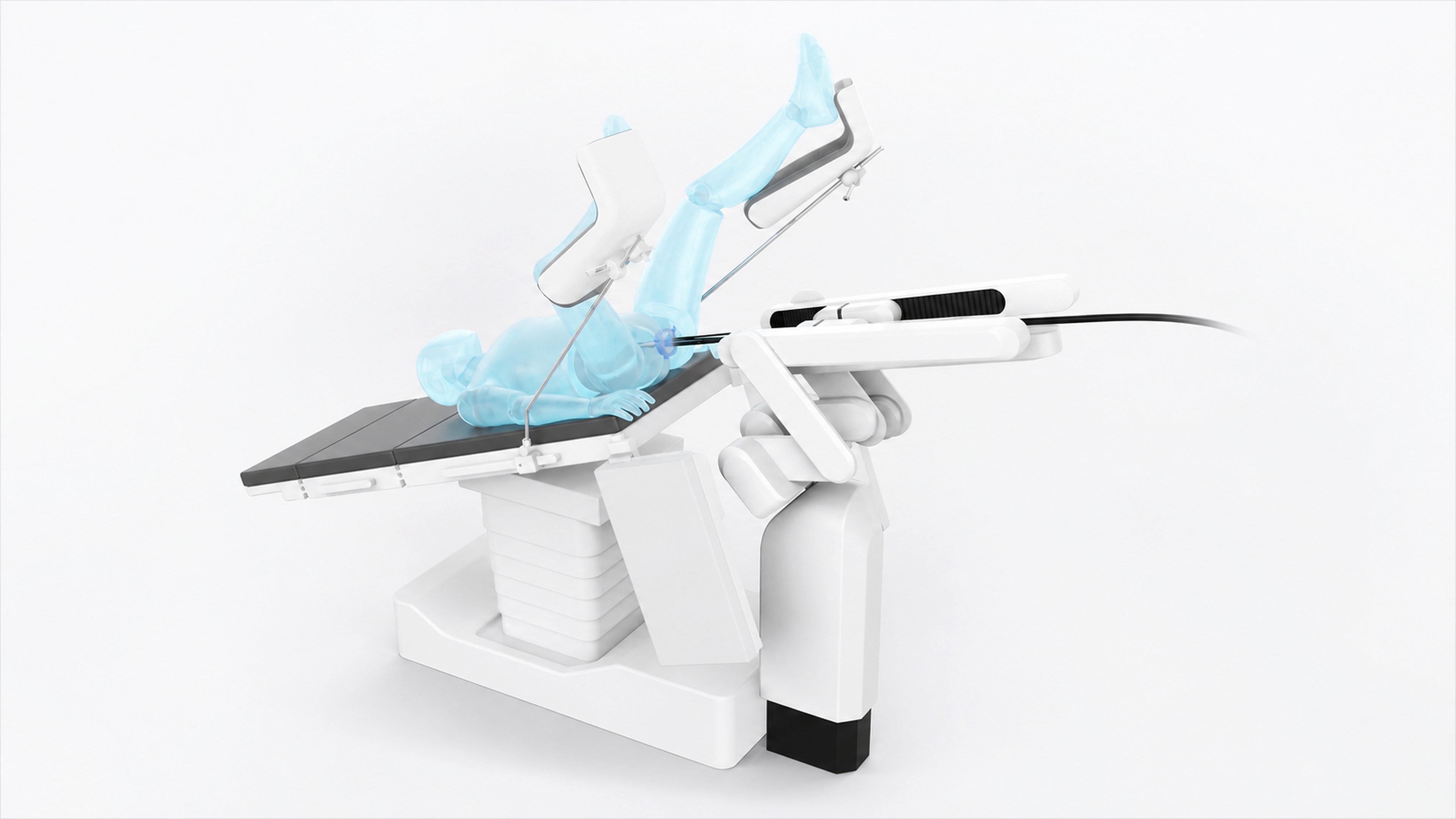 Patient-side concept rendering showing the Aevum system integrated with the operating table